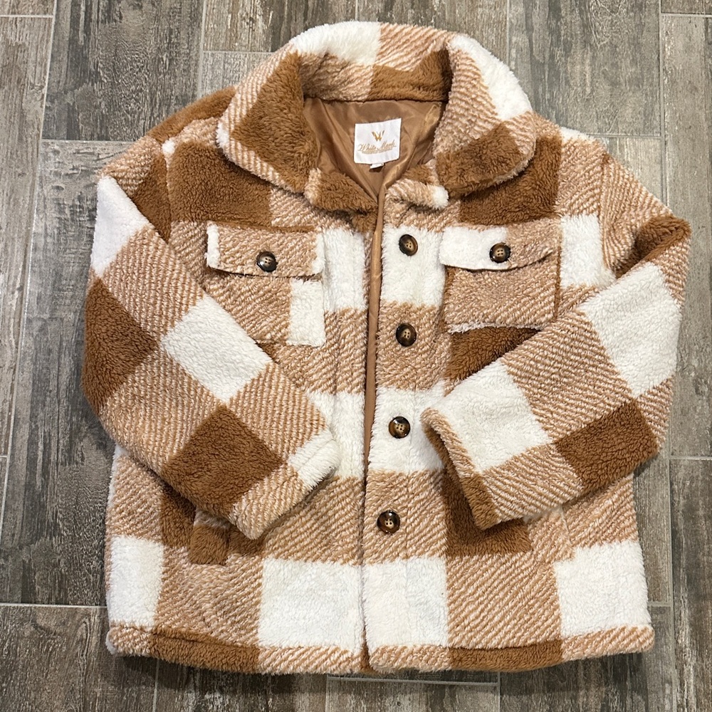 Brown and White Plaid Sherpa Jacket